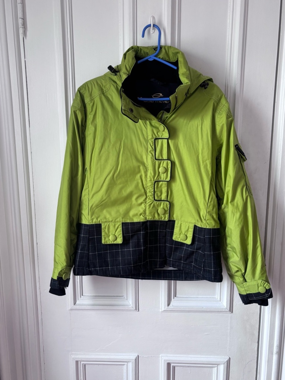 Women’s Obermeyer Mirage Ski Jacket LimeGreen Black Plaid Removable Hood Size 12